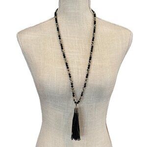 Vintage Dalmation Jasper and Black Agate Beaded Necklace with Tassel